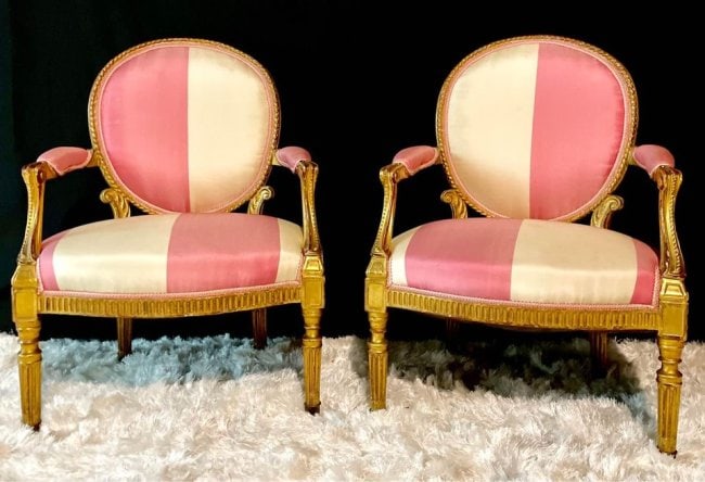 Custom Designer Pair of Louis XVI Style Giltwood Bergere Armchairs Pink and White Pierre Frey Fabric (1 of 8)