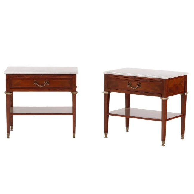 PAIR MAHOGANY MARBLE TOP TABLES WITH A SINGLE DRAWER AND L PULL OUT LEATHER SLIDES C 1950. (1 of 8)