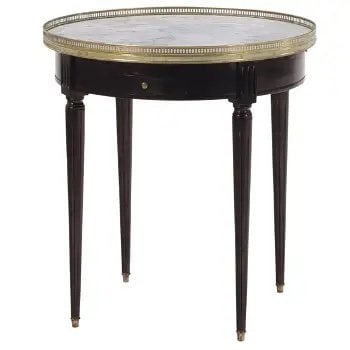 FRENCH EBONIZED MAHOGANY MARBLE TOP BOUILLOTTE TABLE HAVING A BRONZE GALLERY, PULL OUT SLIDES (1 of 6)
