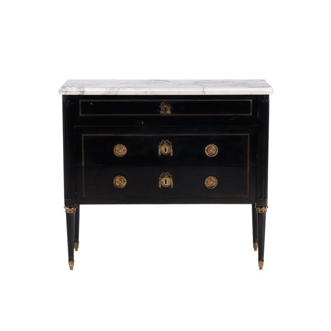 FRENCH EBONIZED MAHOGANY DIRECTOIRE STYLE MARBLE TOP THREE DRAWER COMMODE WITH BRONZE MOUNTS C (1 of 9)