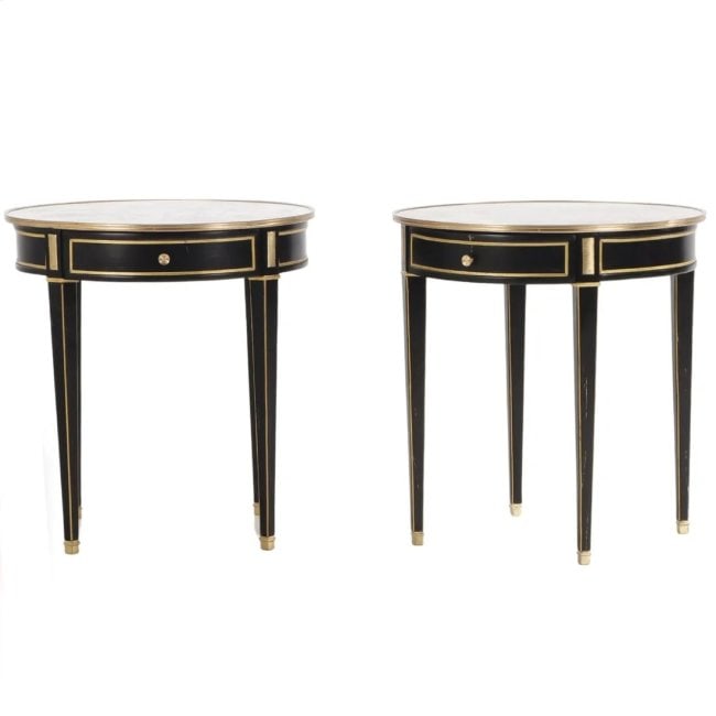 PAIR DIRECTOIRE STYLE EBONIZED WOOD & BRONZE MOUNTED GUERIDON TABLES HAVING EGLOMISE MIRROR (1 of 6)