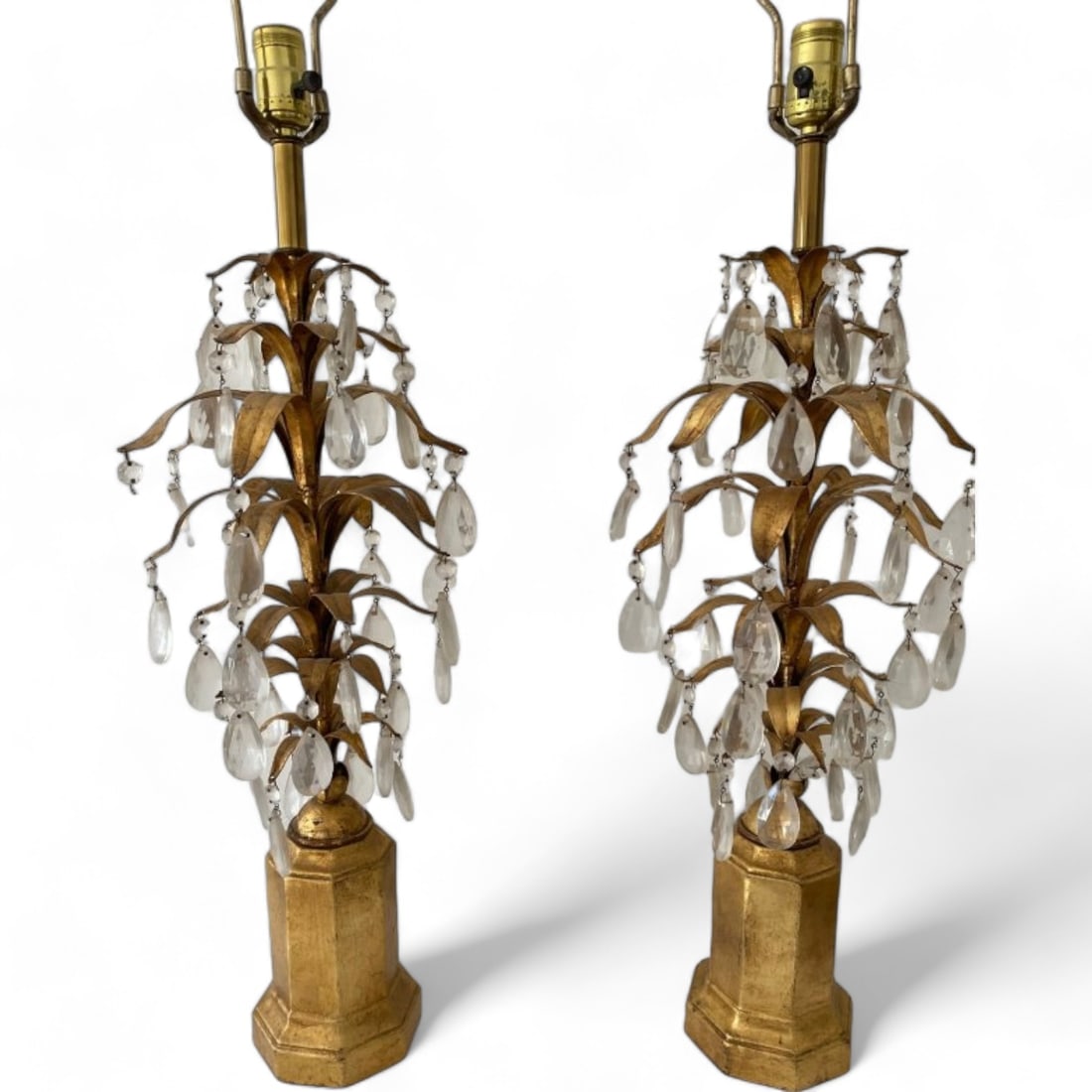 Midcentury Gilt Italian Tole Fern Table Lamps with Crystals (1 of 4)