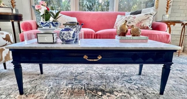 Vintage Navy Blue Lacquer Coffee Table with Brand New Custom Carrara Marble Top (1 of 7)