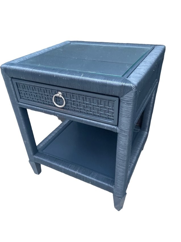 Braxton Culler Navy Blue Rattan Nightstand Side Table with Drawer - Retail $1300 (1 of 6)