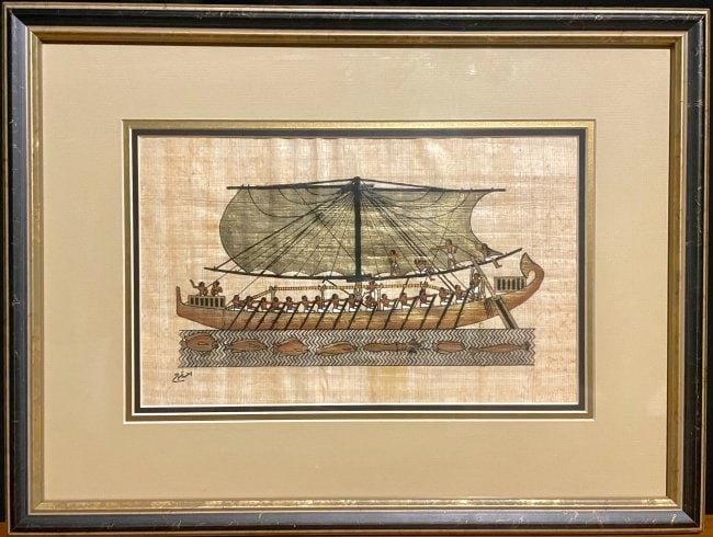 Vintage Egyptian Papyrus Hand Painted Ship Boat Fish Art (1 of 8)