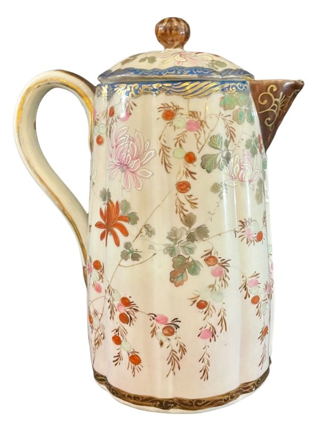 Antique Japanese Handpainted Porcelain Pitcher by AA Vantine & Co.: Marked on the base with crossed Imperial Chinese and Japanese flags with the Turkish crescent moon and star in-between, referring to Mr AA Vantines business relations with these three countries.Marked