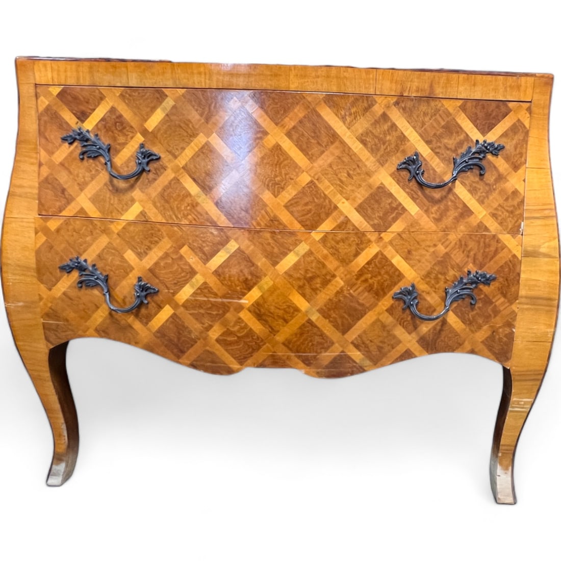 Vintage Inlaid Marquetry Chest or Commode - Marked Made in Italy: Beautiful lattice pattern, original hardware.