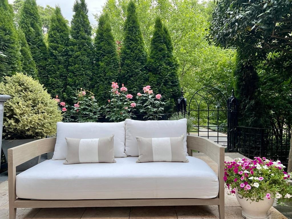 Restoration Hardware Weathered Teak Balmain Outdoor Sofa Set 68" , Frame and White Cushions , New (1 of 3)