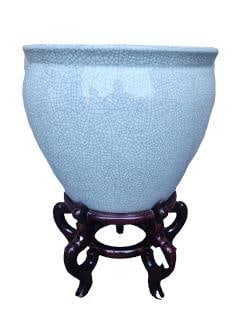 Crackle Glazed Jardiniere Fish Bowl Style Ceramic Planter on Stand (1 of 4)