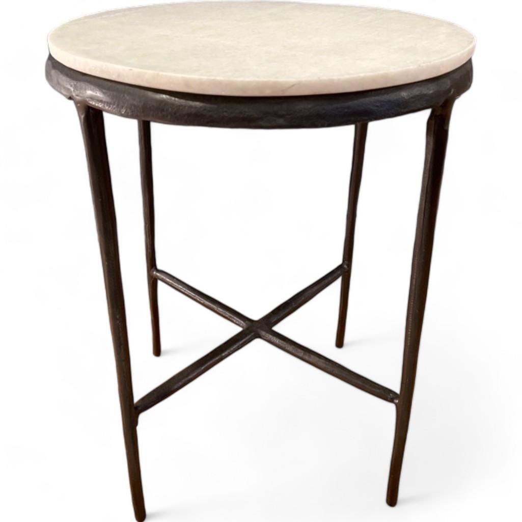 Round Side End Table Hammered Iron Base White Stone Top (1 of 11)
