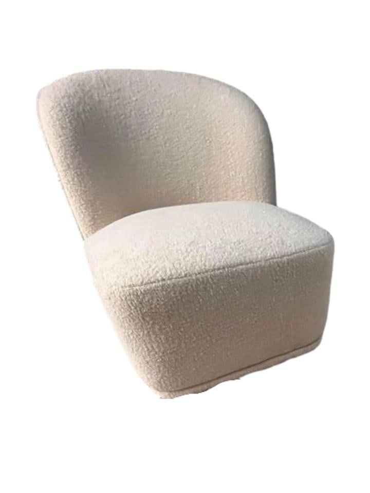 Modern Boucle Cream Upholstered 360-Degree Swivel Chair: Enhance your living space with this chic and modern 360-degree swivel chair, featuring luxurious boucle cream upholstery and a sleek armless design. Additional Description Style: Modern Materials: Fab