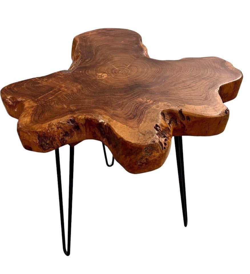 Teak Live Edge End Side Table Solid teak top with black metal hairpin legs (1 of 4)