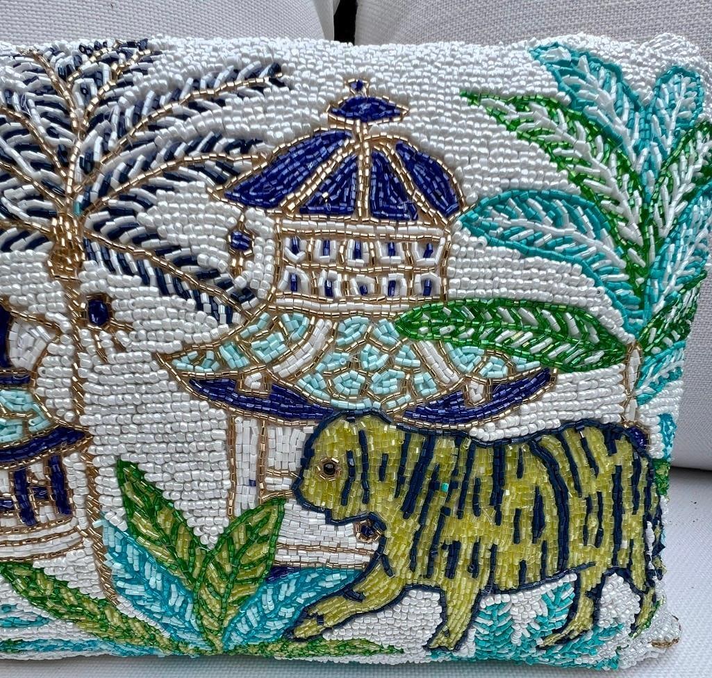 Chic Chinoiserie Motif Beaded Lumbar Decorative Pillows, A Pair (1 of 4)