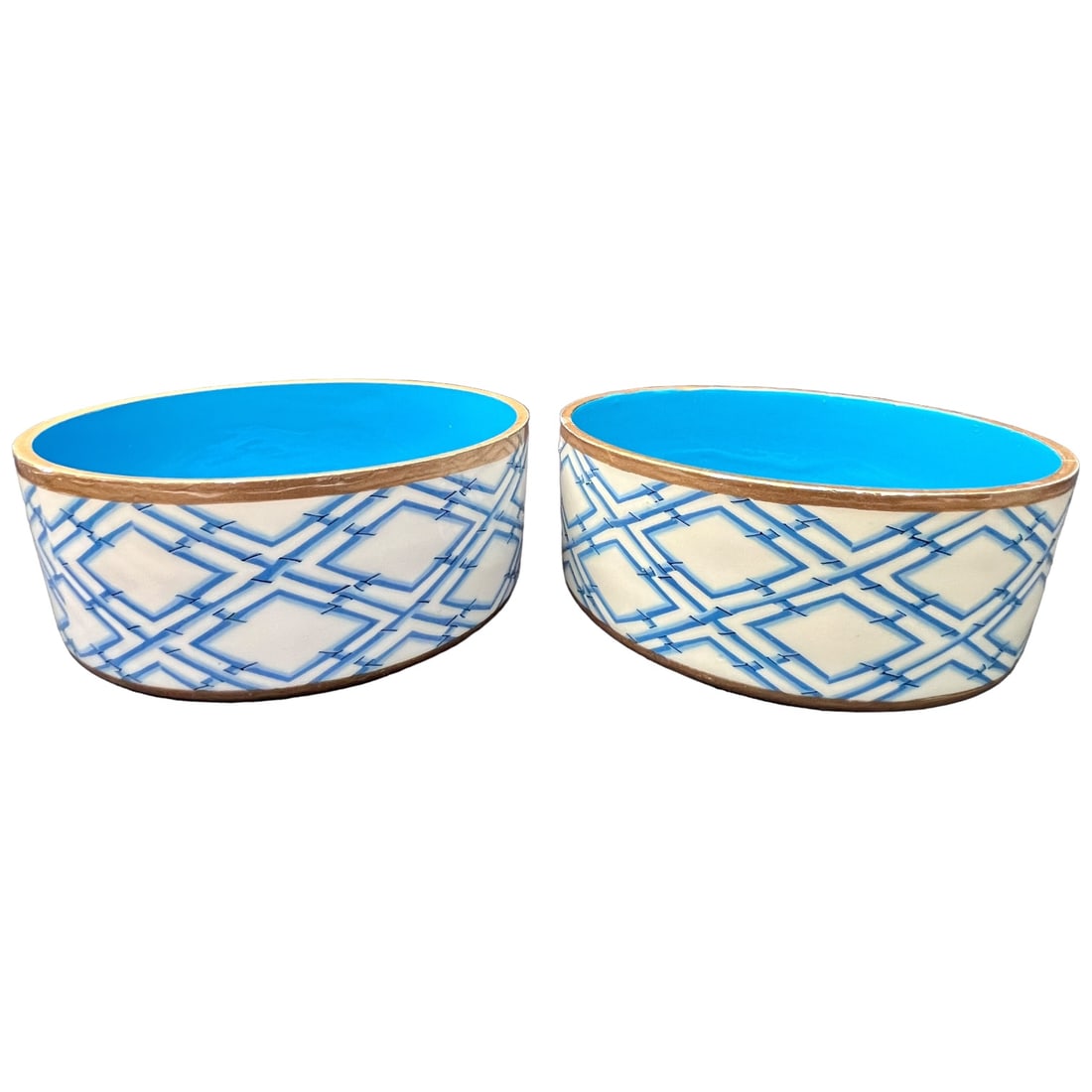 Chic Chinoiserie Style Enameled Pet Bowls, a Pair: Chic pet bowls to celebrate your fur babies in style! Pair has been used for store display - some minor finish loss to gold trim. This lot includes two bowls: Large. 7.25"D x 2.75"H. Shipping only.