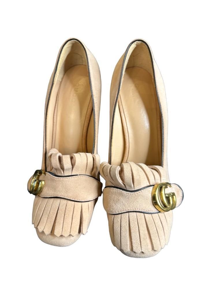 Gucci GG Marmont Suede Pink Fringe Pumps, Size 36 (1 of 7)