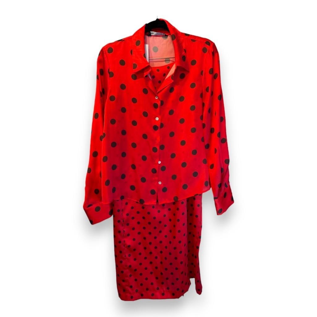 Zara Silk Red and Black Polkadot Long Sleeve Botton up & Midi Skirt Set (1 of 8)