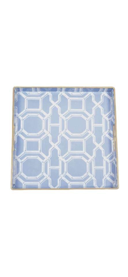 Chic Faux Bamboo Decorative Serving Tray, Light Blue and White Trellis Pattern (1 of 2)