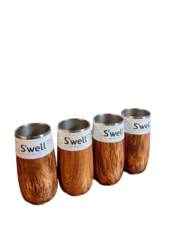 Set of 4 Swell Insulated Champagne Flutes in Faux Teak: Celebrate in style with this set of 4 Swell insulated champagne flutes, featuring a chic faux teak finish and superior insulation technology.