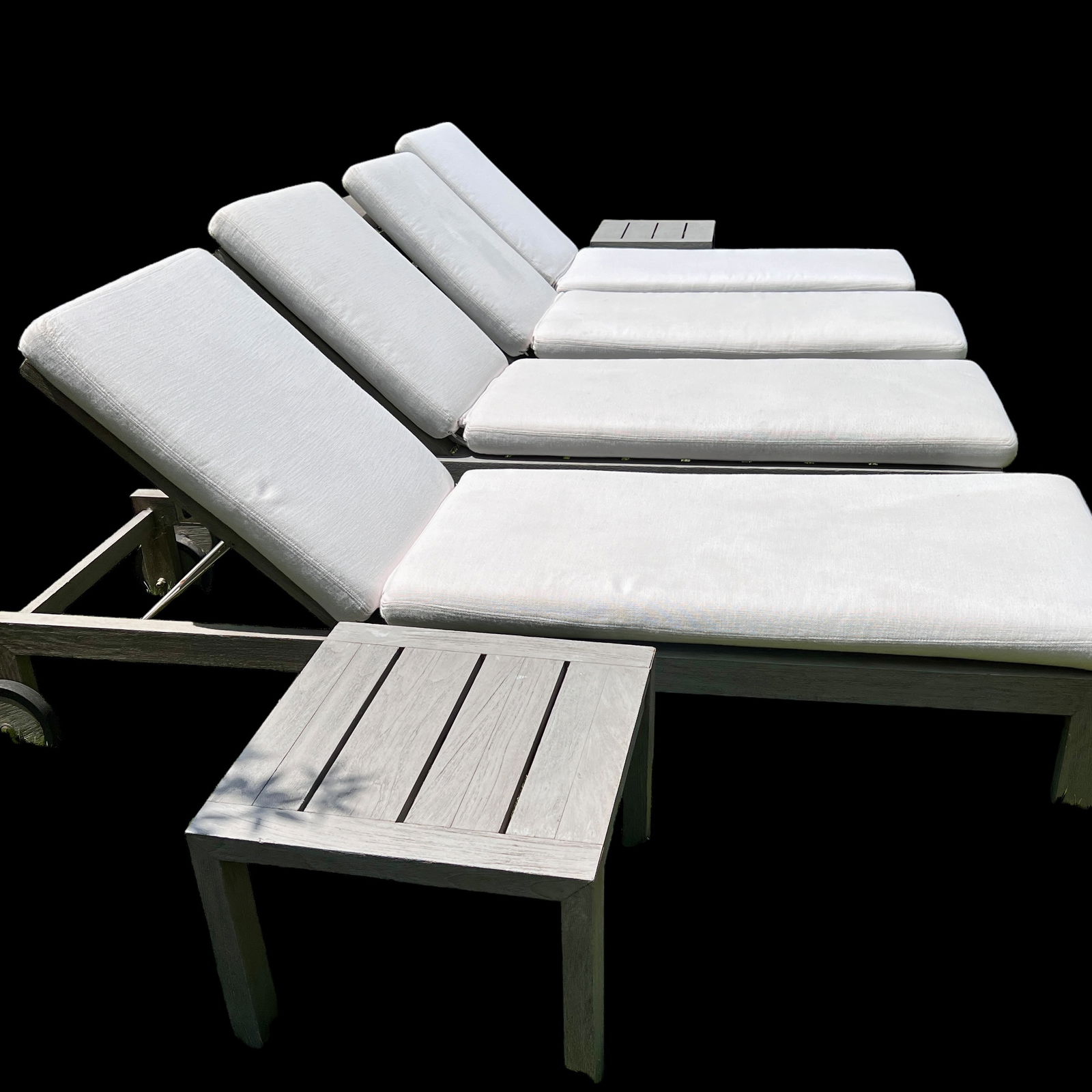 Restoration Hardware Set of 4 Teak Chaise Lounges with RH White Cushions (1 of 13)