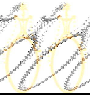 Spectacular Pair of Neoclassical Style Oval Mirrors with Plumes: Style: Neoclassical Materials: Gilt-Finished Wood, Glass Item Type: Oval Mirrors Design Features: : This exquisite pair of neoclassical style oval mirrors features a richly carved giltwood frame