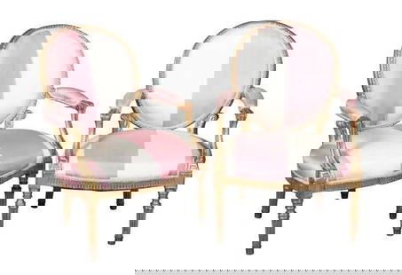 Pair of Custom Pink and White Louis XVI Style Bergere Giltwood Armchairs: Style: Louis XVI Materials: Giltwood, Silk Upholstery Item Type: Bergere Armchairs Design Features: This exquisite pair of custom-made Louis XVI French bergere armchairs features luxurious pink