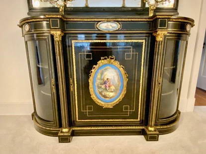 Antique French Lacquered Demilune Console with Gilt and Porcelain Medallions: Origin: France Materials: Black Lacquer, Gilt, Porcelain, Brass, Glass Item Type: Demilune Console Design Features: This exquisite French demilune console features a stunning black lacquer finish