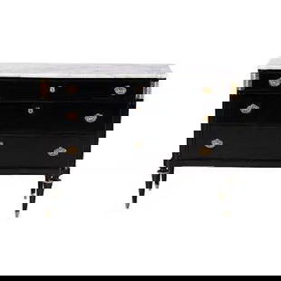 Louis XVI Style Ebonized Marble Top Commode with Bronze Mounts - Circa 1950: Style: Louis XVI Materials: Ebonized Wood, Marble, Bronze Era: Circa 1950 Item Type: Commode Design Features: This elegant Louis XVI style commode, crafted circa 1950, features a striking