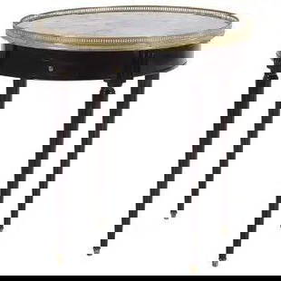 French Ebonized Mahogany Bouillotte Table with Marble Top and Bronze Gallery - Circa 1940: Origin: France Era: Circa 1940 Materials: Ebonized Mahogany, Marble, Bronze Item Type: Bouillotte Table Design Features: This exquisite French bouillotte table is crafted from ebonized mahogany