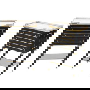 Pair of Ebonized Mahogany Bronze Mounted Louis XVI Style Marble Top Nightstands: Style: Louis XVI Materials: Ebonized Mahogany, Marble, Bronze Item Type: Nightstands Design Features: This elegant pair of Louis XVI style nightstands is crafted from ebonized mahogany and