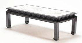 Vintage Ebonized Marble Top Coffee Table Rectangular: Brand: Unbranded Materials: Ebonized Wood, Marble Color: Dark Brown Item Type: Coffee Table Design Features: This vintage coffee table, crafted circa 1950 in the manner of James Mont, showcases a