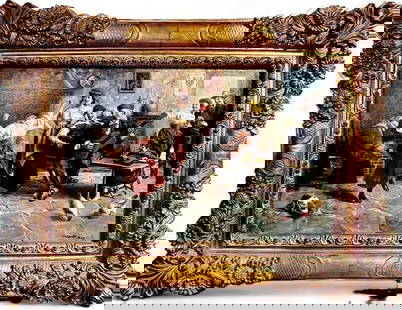 Original Oil Painting in Ornate Sunflower Giltwood Frame: Medium: Oil on Canvas Item Type: Original Painting Design Features:This impressive oil painting is framed in an ornate giltwood frame with sunflower motifs. The artwork depicts a lively scene of
