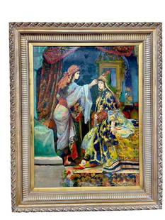 Original Oil Painting Reproduction of "The Wedding Preparation" in Giltwood Frame: Title: The Wedding Preparation Medium: Oil on Canvas Item Type: Original Painting Reproduction Design Features: This captivating oil painting depicts the wedding preparation of the Sultan's
