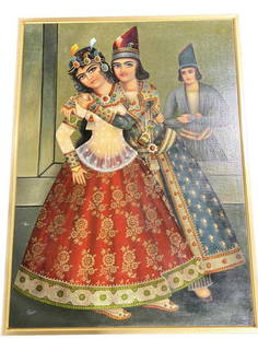 Large Original Qajari Style Oil Painting on Canvas: Style: Qajari Medium: Oil on Canvas Era: Circa 1940s Item Type: Original Painting Design Features: TThis exquisite oil painting is rendered in the traditional Qajar dynasty style, showcasing the