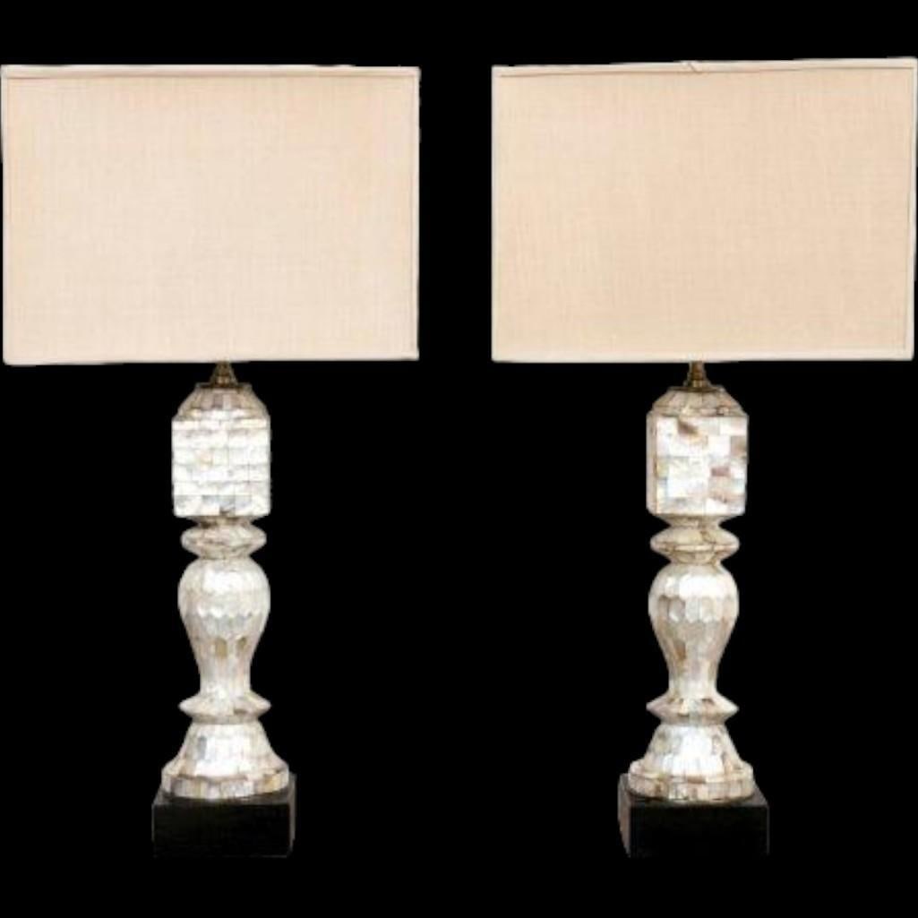 Antique Pair of Mother of Pearl Lamps, Eric Appel, Circa 1900: Designer: Eric Appel Era: Circa 1900 Materials: Tessellated Mother of Pearl, Black Plinth Base, Hardback Shade Item Type: Table Lamps Design Features: This exquisite pair of French antique table lamps