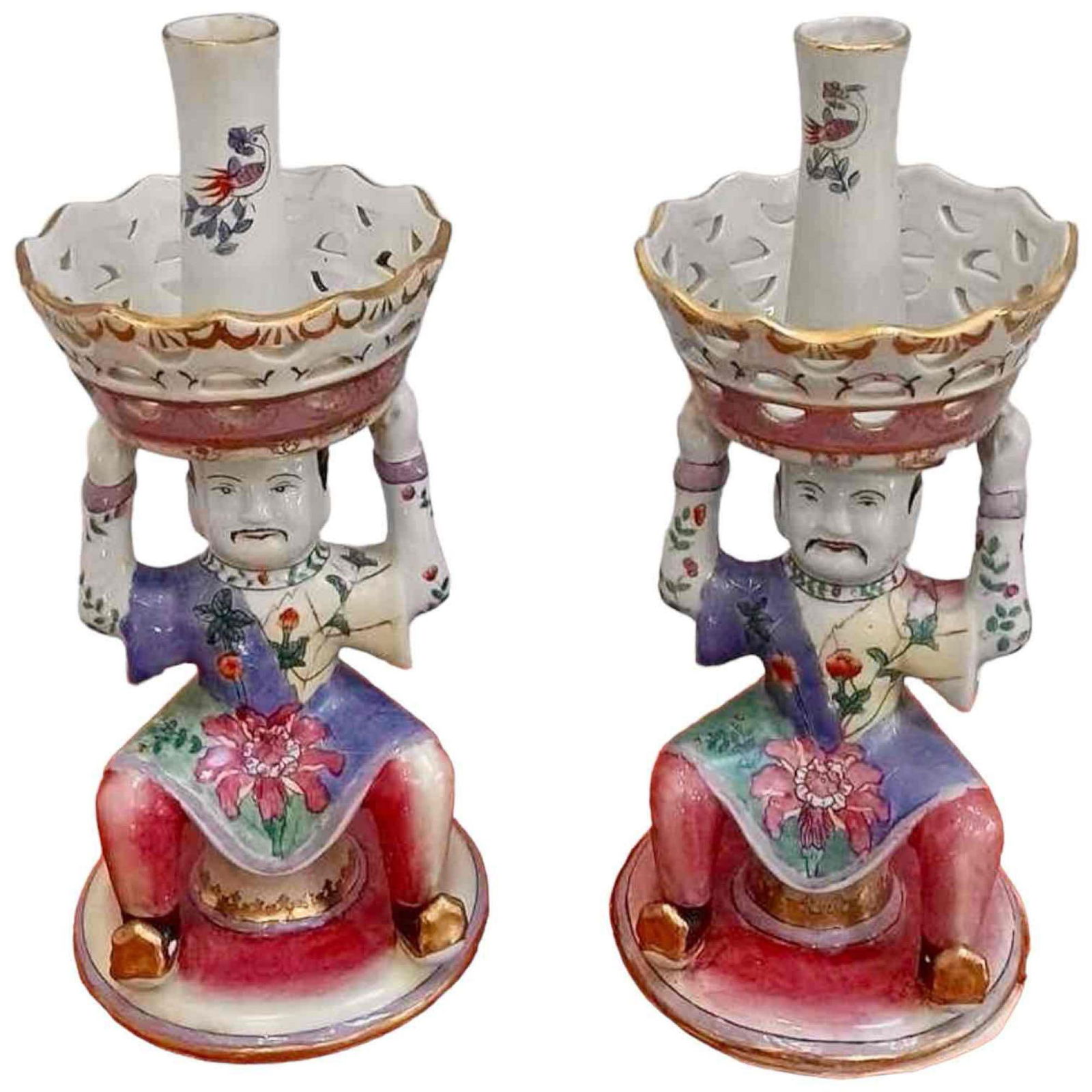 Pair of Tobacco Leaf Mottahedeh Asian Style 20th Century Porcelain Serving Epergne: Origin: China Materials: Porcelain Color: Multi Tobacco Leaf Pattern Item Type: Serving Epergne Centerpiece Candleholders Design Features