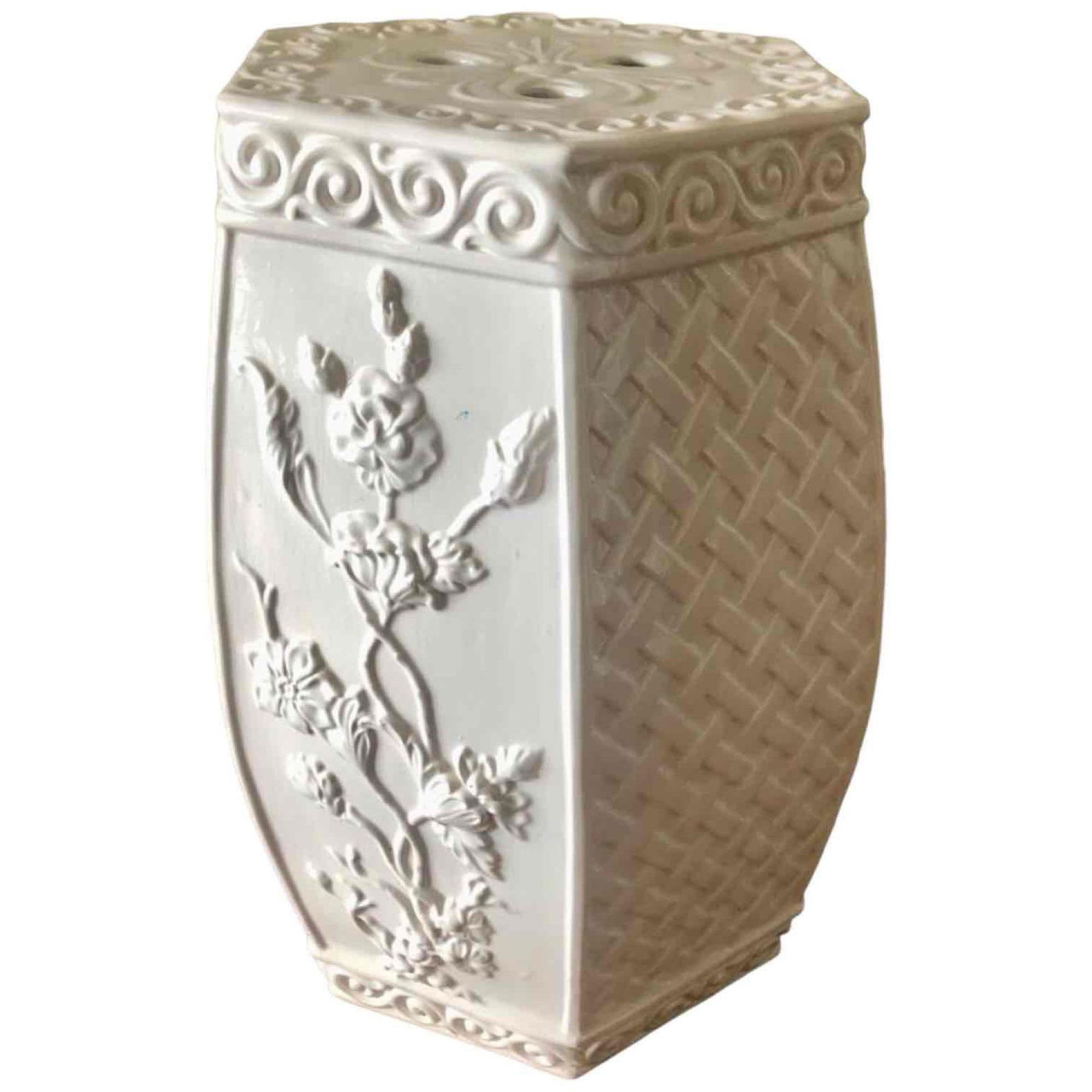 Italian Chinoiserie White Ceramic Garden Stool with Reticulated Sides (1 of 15)