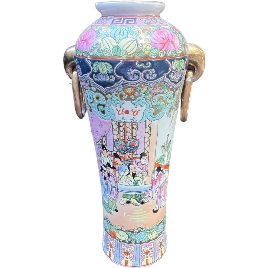 Vinatge Famille Rose Hand Painted Vase with Elephant Handles, Signed (1 of 15)