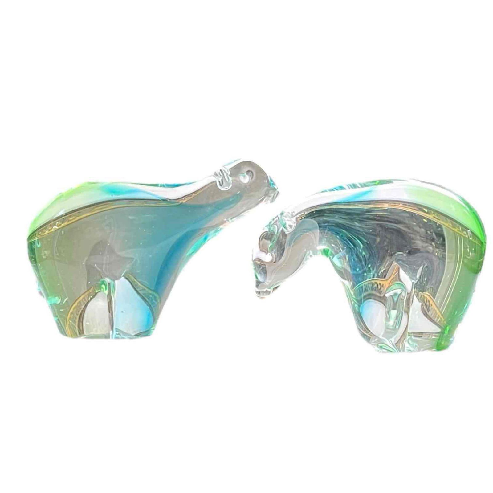 Chalet Glass Polar Bears, a Signed Pair in Green and Blue Glass: Brand: Chalet Origin: Canada Materials: Glass Color: Blue, Green Item Type: Decorative Objects Design Features: Beauti