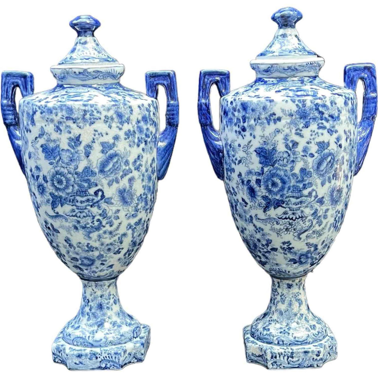 Chinoiserie Style Blue and White Urn Vases or Ginger Jars, Set of 2 (1 of 12)