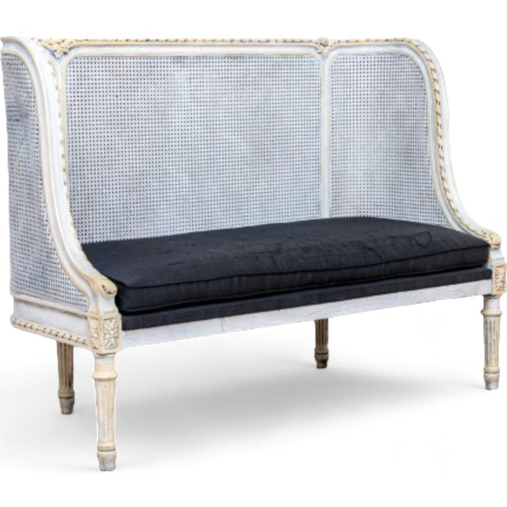 Luxurious French Louis XVI Style Cane Settee with Carved Wood Garland Embellishment (1 of 11)