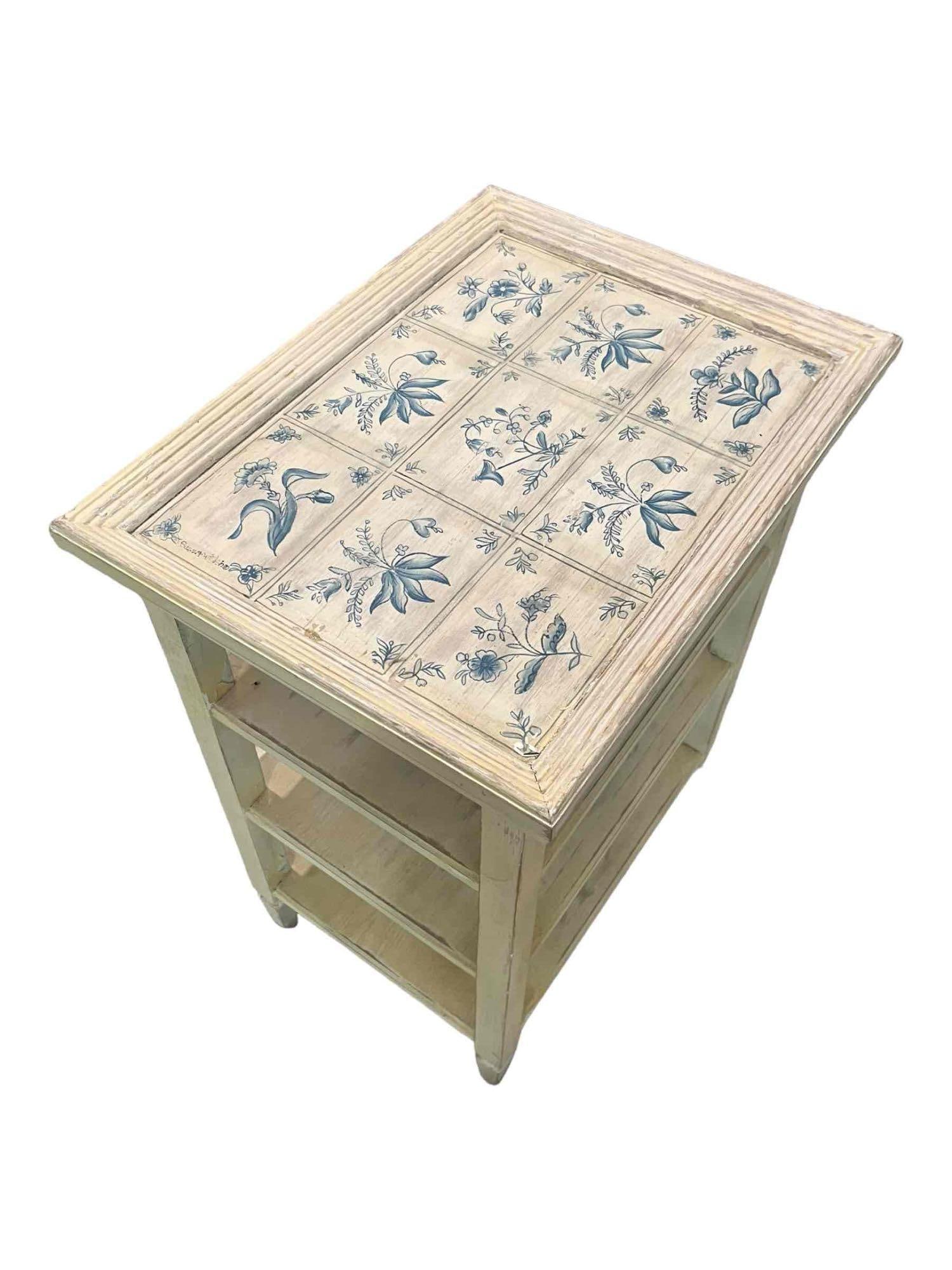 Charming Blue and Whitewash Side Table with Shleves and Floral Painted Top (1 of 5)