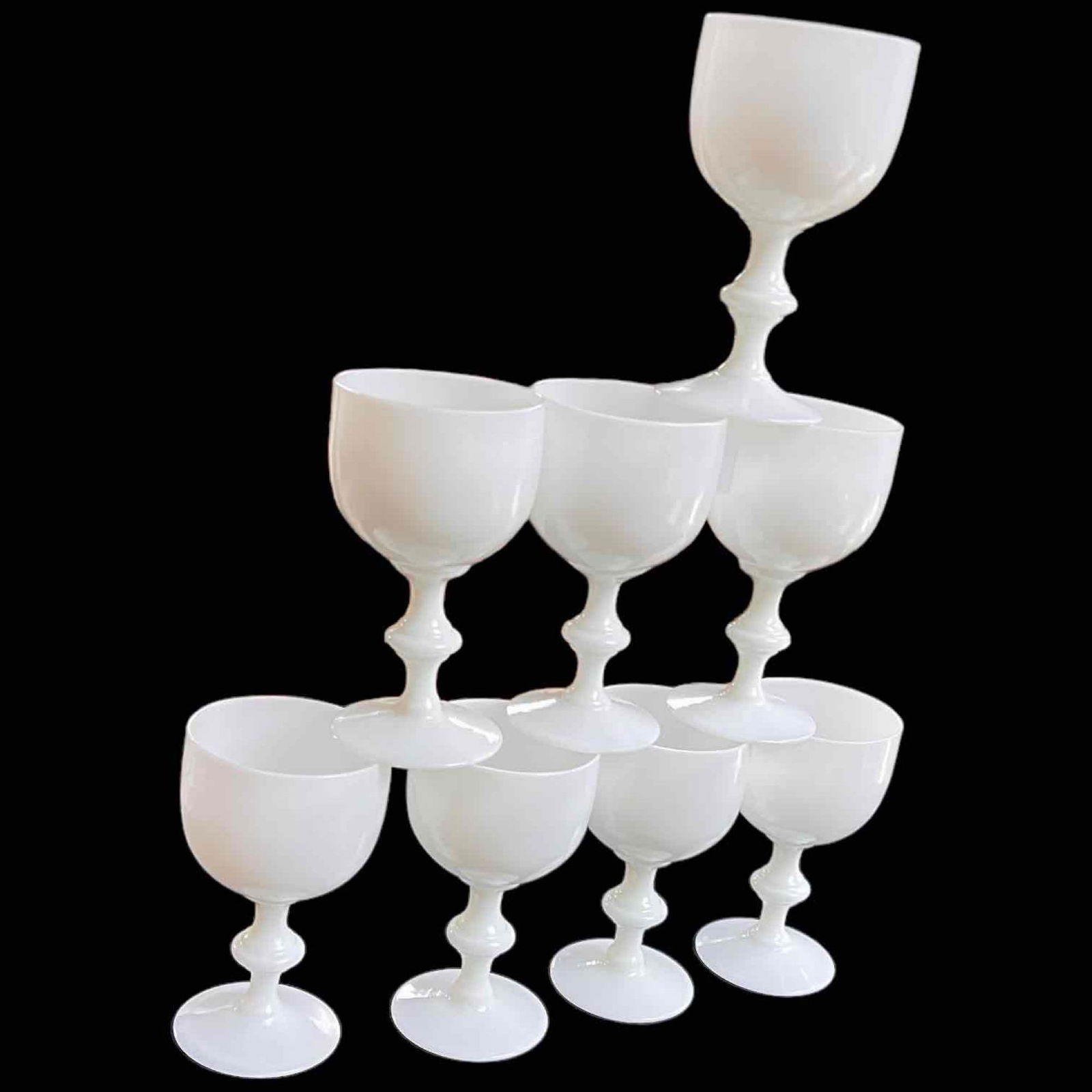Circa 1800s French Portieux Vallerysthal White Opaline Wine and Cordial Glasses - Fabulous set!: Rare vintage PV French red wine glasses and cordial glasses. Impressive rare set in pristine condition. Opaline glass is a decorative style of glass made in France from 1800 to the 1890s, reaching its