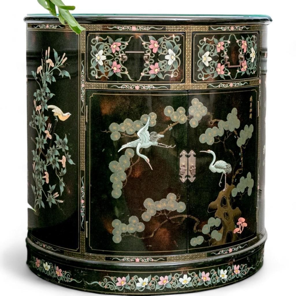 Fantastic Hand Painted Chinoiserie Demilune Cabinet Herons and Florals Motif (1 of 7)