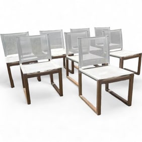 Restoration Hardware Outdoor Teak and Mesh Dining Chairs, Set of 8