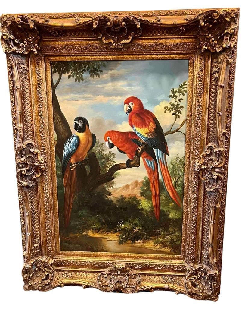 Stunning Grand Scale French Oil Painting: Macaw Birds in Ornate Gilt Frame (1 of 19)