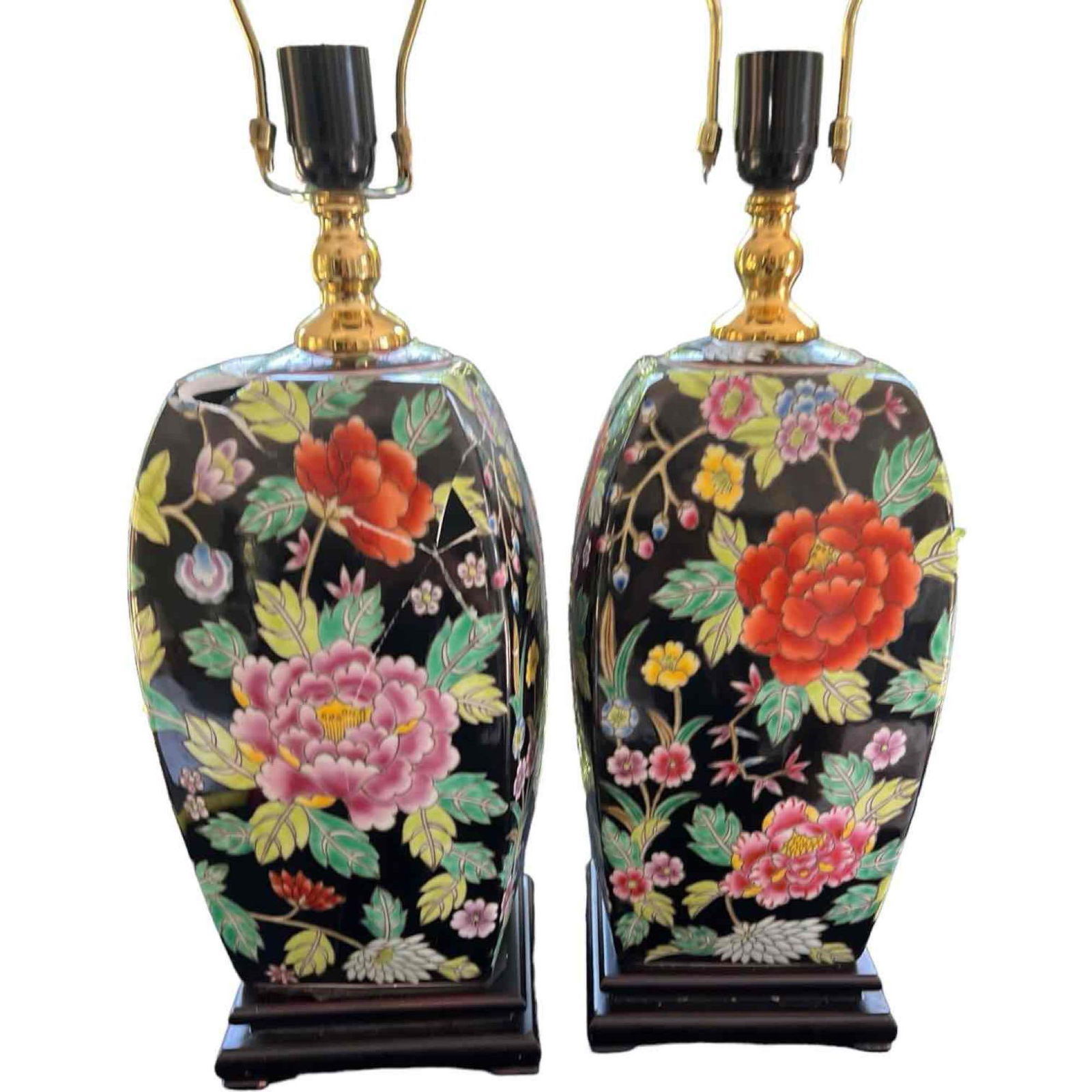 Pair of Chinese Famille Noire Hand Painted Table Lamps Black Background with Vibrant Floral Pattern (1 of 15)
