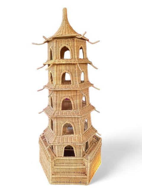 5 ft Tall Chinoiserie Wicker Pagoda tower, porch decoration, candle holder, new with tags (1 of 6)