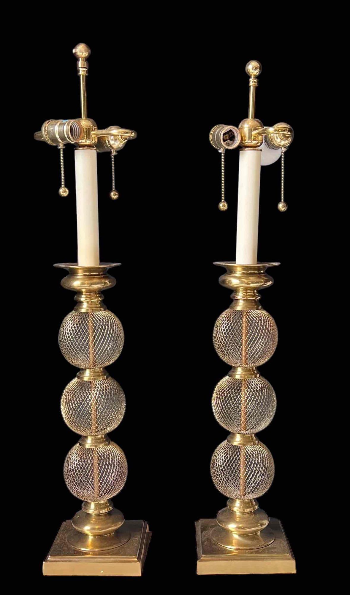 Iconic Frederick Cooper MCM Brass Table Lamps Triple Mesh Balls (1 of 15)