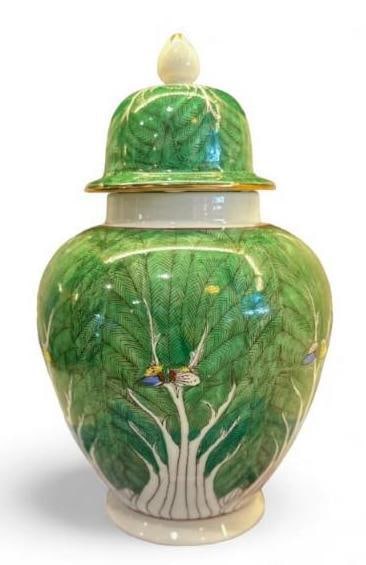 10" Hand-painted Bok Choy Ginger Jar with Lid in vibrant green leaf and butterfly motif (1 of 4)