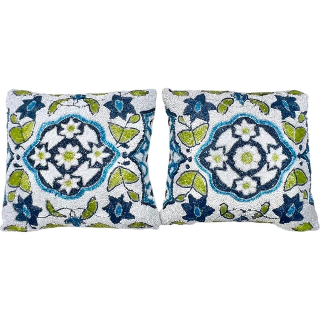 Pair of 16" Beaded Decorative Pillows in Chic Chinoiserie Motif of Greens and Blues on White, New (1 of 4)
